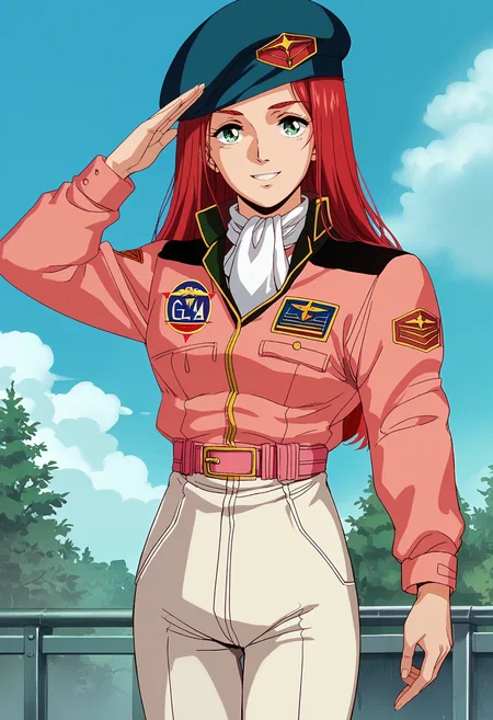 score_9, score_8_up, score_7_up, score_6_up, anime screencap, anime coloring, <lora:G0080CMV1_epoch_8:0.9>, G0080CM, solo, red hair, green eyes, long hair, breasts,
military uniform, pink jacket, pink belt, white ascot, white pants, beret, 
light smile, looking at viewer, cowboy shot, salute, 
BREAK outdoors, blue sky, sky, day, sunbeam,