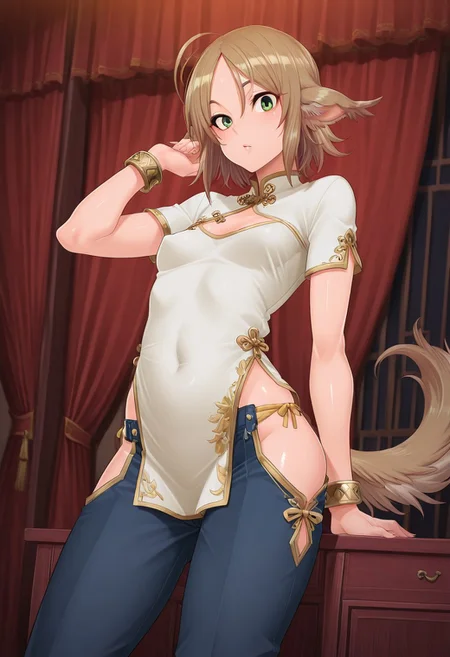 masterpiece, best quality, amazing quality,, (1girl, solo) noa riads, animal ears, green eyes, tail, brown hair, short hair, ahoge, dog ears, dog tail, long tail, , small breasts,chinese clothes, solo, dress, bracelet, ribbon, pants, blue pants, makeup, short sleeves,  shiny skin, shiny body, shiny hair, (best quality) , (highly detailed) ,((masterpiece)), ((best quality)), (ultra-detailed), ((extremely detailed)), (high resolution), 4K, (8K), best quality, (beautiful), (dynamic lighting), (super detailed skin), sharp focus,detailed eyes、detailed face and detailed skin detailed eyes、detailed face and detailed skin, skindentation, clear skin, shiny hair, ultra detailed eyes, depth of field, sharp, intricate details, hyperdetailed, shindol, Shindol style