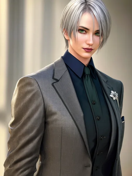 raw photo, ((masterpiece, best quality)), ultra-detailed, highres, colorful, intricate detail, ray tracing, Depth of field, (realistic, photo-realistic:1.7), best quality, fine detailed, highres, colorful, intricate detail, ray tracing, Depth of field, beautiful detailed eyes, detail hair, hand by guido daniele, ((masterpiece, best quality)),(detailed skin), ((detailed facial features)), fine detailed, highres, colorful, intricate detail, (sharp outline), cinematic shadows, ultra realistic 8k cg, unparalleled masterpiece, absurdres, extraordinary, incredible, exquisite, sensational, perfect artwork, perfect female figure, perfect anatomy, ultra anatomy, full-body shot, wide view, head to feet,
{1girl, ivy valentine, <lora:Ivy_Valentine:0.7>, (an extremely beautiful mature female), short hair, silver hair, dark green eyes, (large breasts:1.4), cleavage}, looking at viewer, solo, evil grim, sexy pose, seduction,
wearing (men's formal suit:1.5), neck tie, shirt, blazer,
manor background,