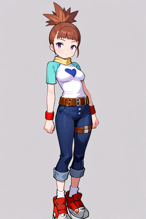 masterpiece, High quality, Ultra detailed, 2d, newest, absurdres, highres, BREAK
1girl, solo, <lora:makino_ruki:0.8>, ruki_makino, high ponytail, brown hair, purple eyes, 
medium breasts, rukidef, raglan sleeves, scarf, t-shirt, heart print, wristband, belt, pants, jeans, thigh strap, pants rolled up, socks, shoes, 
full body, standing,