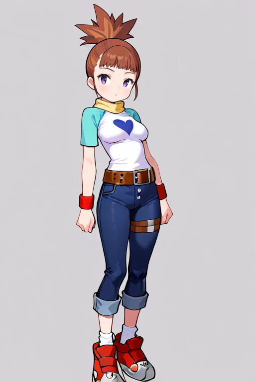 masterpiece, High quality, Ultra detailed, 2d, newest, absurdres, highres, BREAK
1girl, solo, <lora:makino_ruki:0.8>, ruki_makino, high ponytail, brown hair, purple eyes,
medium breasts, rukidef, raglan sleeves, scarf, t-shirt, heart print, wristband, belt, pants, jeans, thigh strap, pants rolled up, socks, shoes,
full body, standing,