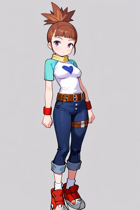 masterpiece, High quality, Ultra detailed, 2d, newest, absurdres, highres, BREAK
1girl, solo, <lora:makino_ruki:0.8>, ruki_makino, high ponytail, brown hair, purple eyes, 
medium breasts, rukidef, raglan sleeves, scarf, t-shirt, heart print, wristband, belt, pants, jeans, thigh strap, pants rolled up, socks, shoes, 
full body, standing,