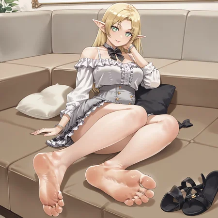 safe_pos, 1girl, elf, pointy ears, green eyes, bare legs, bare shoulders, barefoot, black bow, black bowtie, blonde hair, bow, bowtie, bracelet, breasts, collarbone, couch, feet, frilled shirt, frilled skirt, frills, full body, grey eyes, grey skirt, head rest, high-waist skirt, jewelry, knees together, legs, long hair, looking at viewer, lying, off shoulder, on side, parted bangs, parted lips, shirt, shirt tucked in, skirt, smile, soles, solo, thighs, toes, white shirt, maburoku, soles, foot focus, feet together, close up, foreshortening