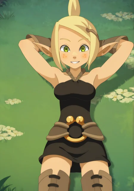 score_8_up, score_7_up, anime screenshot, looking at viewer, clouds
<lora:Evangelyne (Autism SDXL)-000009:0.8> 1girl, evangelyne s1, short hair, ponytail, blonde hair, hair ornament, pointy ears, light freckles, green eyes, black dress, brown gloves, thigh boots,
on back, looking at viewer, smile, arms behind head, from above, on grass, v