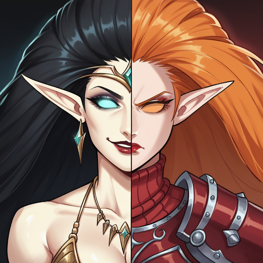 <lora:Splitscreen_XLPD:1.1>, <lora:HoMM_V_-_Blood_MaidenFurySister_3girls_-_Heroes_of_Might_and_Magic_5:0.7>