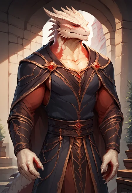 score_9, score_8_up, score_7_up, score_6_up, score_5_up, score_4_up, masterpiece, high quality,The dark urge, scalie, reptile, dragonborn , male, mature male,male anthro dragon, white body, detailed eyes,red schlera, red eyes, beefy,scales, dragon tail, horns, masculine, bodybuilder, white_scales,furry, dragonborn,glowing eyes,fully clothed,Kluclew_Art