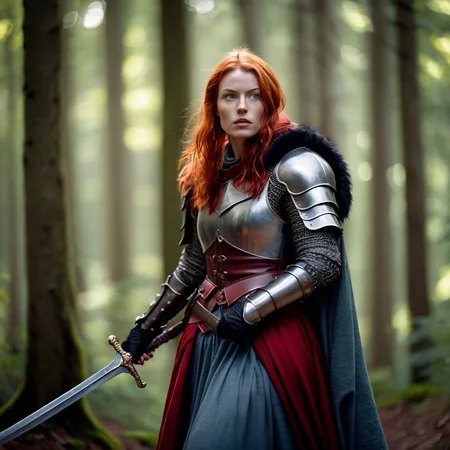 cinematic film still of <lora:Little Red Riding Hood style:1>
In The Woods a red hair woman in armor carrying a sword with perfect Full Shot Little Red Riding Hood Style, shallow depth of field, vignette, highly detailed, high budget, bokeh, cinemascope, moody, epic, gorgeous, film grain, grainy