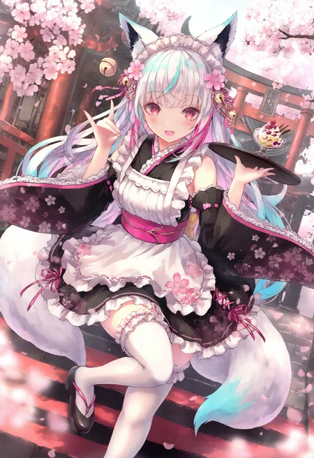 <lora:miss1_noob1.1-000184:1>,
1girl, thighhighs, frills, detached sleeves, tray, animal ears, cherry blossoms, solo, multicolored hair, holding, white thighhighs, holding tray, tail, looking at viewer, apron, fox ears, smile, floral print, parfait, hair ornament, japanese clothes, pink hair, fox tail, bell, maid headdress, pink eyes, east asian architecture, maid, open mouth, pink flower, black footwear, standing on one leg, architecture, frilled apron, green hair, wide sleeves, long hair, torii, black kimono, flower, kimono, frilled thighhighs, standing, shoes, hair ribbon, sleeveless, outdoors, white apron, hair flower, food, black sleeves, maid apron, white hair, ribbon, leg up, bare shoulders, red eyes, :d, stairs, fox girl, fox shadow puppet, skirt, animal ear fluff, blue hair, blurry, blush,
masterpiece,best quality,newest,absurdres,highres,very awa,