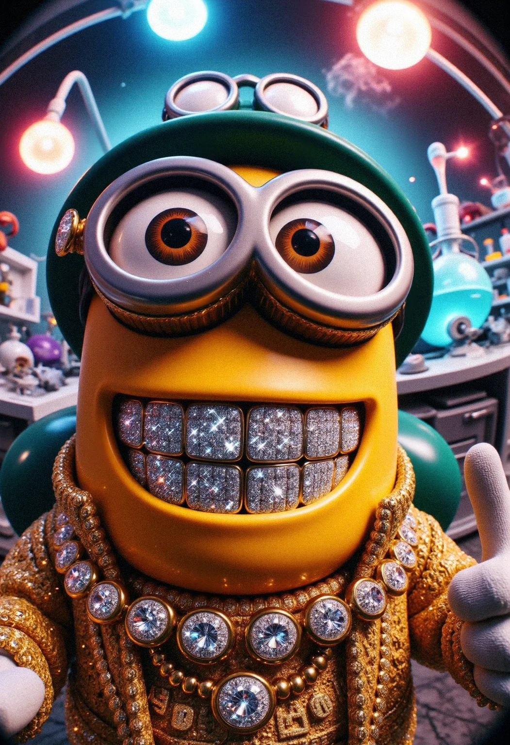 A yellow Minion alchemist exuding pure awesomeness, captured up close in a bold fisheye perspective that amplifies his confident swagger. His gleaming diamond Gr!llz take center stage, each gem sparkling like miniature prisms under dazzling light, creating a mesmerizing rainbow effect. The Minion’s iconic goggles, polished to perfection, reflect the vivid chaos of his alchemical workspace—bubbling potions, glowing runes, and swirling magical vapors. Draped in intricately designed alchemist robes with embroidered golden patterns and a shimmering metallic sheen, he looks every bit the master of his craft. His pose radiates cool confidence as he leans into the frame, his wide, triumphant grin and sparkling Gr!llz dominating the composition. The fisheye distortion adds an epic dynamic to the scene, with the background warped into a whirlwind of glowing flasks, vibrant fumes, and radiant orbs of light. Bold, colorful lighting accentuates the Minion’s heroic aura, making this a legendary portrayal of an alchemist who’s as cool as his Gr!llz are dazzling.<lora:Flux\LET ME SEE YOUR GRILLZ FLUX_Lora Gr!llz.safetensors:1.0:1.0>