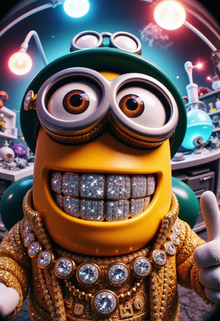 A yellow Minion alchemist exuding pure awesomeness, captured up close in a bold fisheye perspective that amplifies his confident swagger. His gleaming diamond Gr!llz take center stage, each gem sparkling like miniature prisms under dazzling light, creating a mesmerizing rainbow effect. The Minionâs iconic goggles, polished to perfection, reflect the vivid chaos of his alchemical workspaceâbubbling potions, glowing runes, and swirling magical vapors. Draped in intricately designed alchemist robes with embroidered golden patterns and a shimmering metallic sheen, he looks every bit the master of his craft. His pose radiates cool confidence as he leans into the frame, his wide, triumphant grin and sparkling Gr!llz dominating the composition. The fisheye distortion adds an epic dynamic to the scene, with the background warped into a whirlwind of glowing flasks, vibrant fumes, and radiant orbs of light. Bold, colorful lighting accentuates the Minionâs heroic aura, making this a legendary portrayal of an alchemist whoâs as cool as his Gr!llz are dazzling.<lora:Flux\LET ME SEE YOUR GRILLZ FLUX_Lora Gr!llz.safetensors:1.0:1.0>