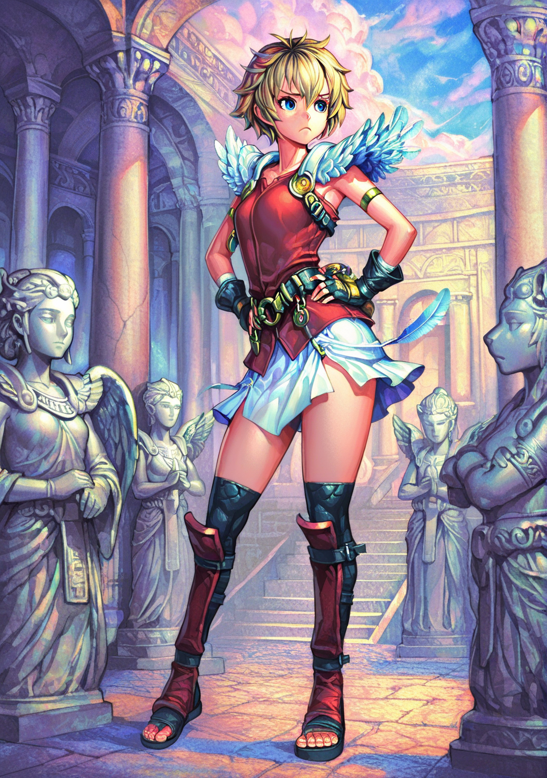 multfx, colored shading, colorful shading, masterpiece, best quality, absurdres, FMIXF, vibrant details, GOHLEU, 1girl, short hair, messy hair, blonde hair, blue eyes, feathered shoulder pads, feather shoulder pads, armlet, sleeveless red shirt, body harness, small breasts, fingerless gloves, belt, belt buckle, (segmented skirt, white skirt, (((slits)))), red shin guards, toeless footwear, black thighighs, outdoors, greek temple, statues, pillars, serious, furrowed brow, frown, hands on own hips, leucos skirt