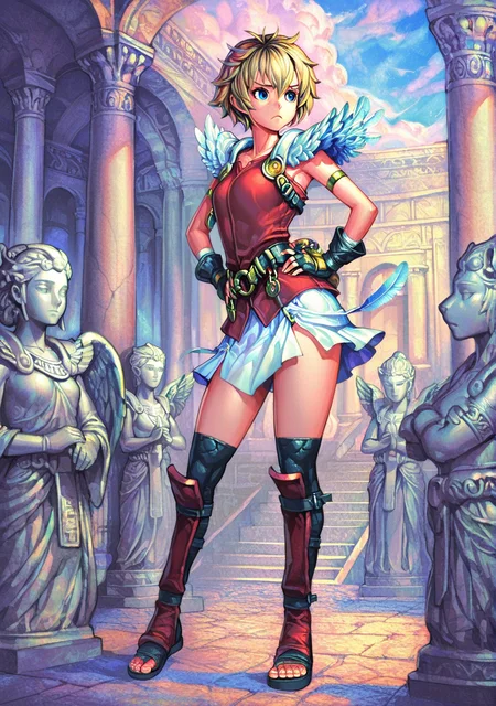 multfx, colored shading, colorful shading, masterpiece, best quality, absurdres, FMIXF, vibrant details, GOHLEU, 1girl, short hair, messy hair, blonde hair, blue eyes, feathered shoulder pads, feather shoulder pads, armlet, sleeveless red shirt, body harness, small breasts, fingerless gloves, belt, belt buckle, (segmented skirt, white skirt, (((slits)))), red shin guards, toeless footwear, black thighighs, outdoors, greek temple, statues, pillars, serious, furrowed brow, frown, hands on own hips, leucos skirt