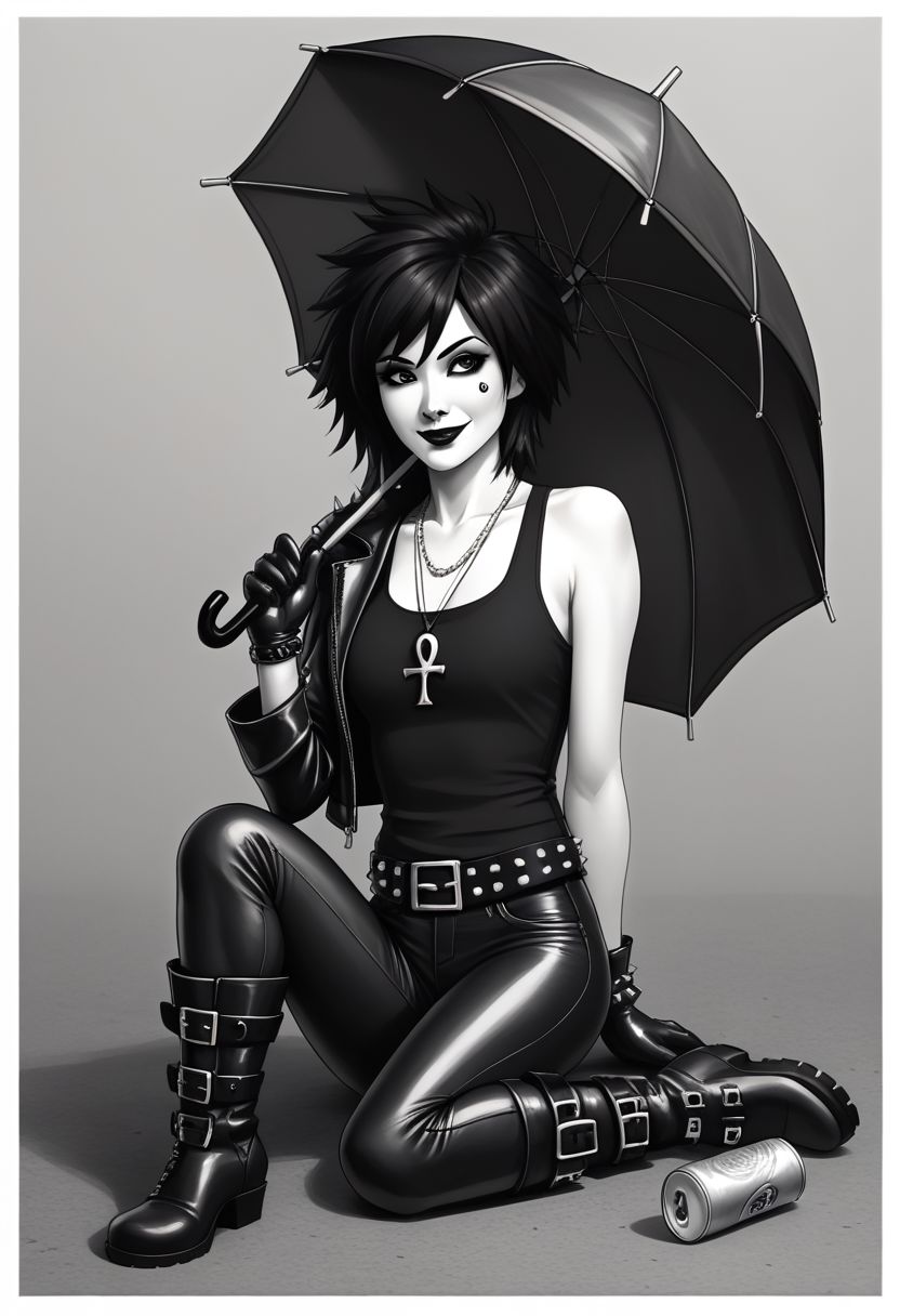 dsk_death, 1girl, umbrella, solo, jewelry, gloves, , boots, sitting, makeup, short hair, smile, lipstick, black hair, gothic, parasol, jewelry, necklace, ankh necklace, nail polish, can, leather jacket, black tank top, tattoo, gloves, pants,  arm behind back, lipstick, belt, spiked hair, black boots, greyscale, monochrome, BREAK zPDXL2