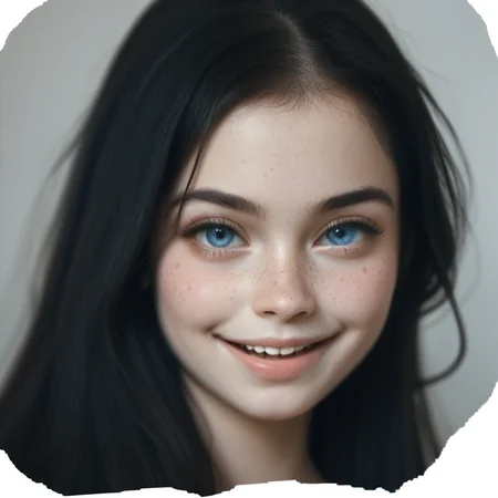(score_9), score_8_up, score_7_up, score_6_up, realistic, 1girl, solo, portrait, looking at viewer, blue eyes, black hair, long hair, straight hair, detailed skin, freckles pale skin, 18yrs, cute, adorable, perfect face, mouth open, smile,