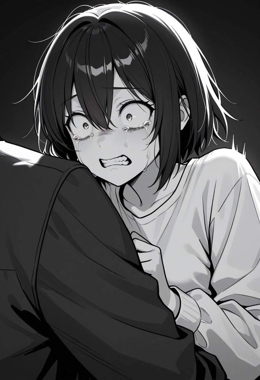 masterpiece, best quality, 32k, high resolution, absurdres, constricted pupils, shirt, hetero, scared, long sleeves, surprised, teeth, hair between eyes, crying with eyes open, short hair, crying