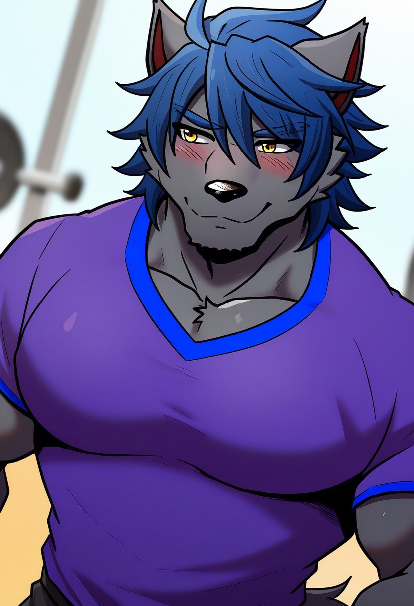 <lora:PrinceGymPalsV1:1>, Prince_(Gym Pals), wolf boy, grey fur, medium hair, blue hair, yellow eyes, perfecteyes, wolf tail, no humans, furry male, anthro, furry, muscular male, bara, athletic build, large pectorals, beautiful, hyper-detailed, depth of field, highres, absurdres, HD, very aesthetic, high sharpness, beautiful vibrant colors, dynamic angle, semi-realistic lighting, detailed background, gym, shirt, shorts, face focus, close up, portrait, smile  ^_^, blushing