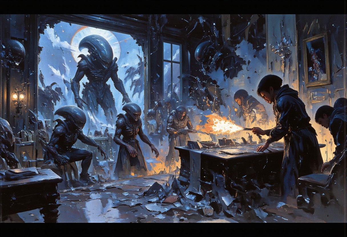 An apocalyptic scene unfolds in the Oval Office, now a chaotic mad science lab overrun by Xenomorphs. The iconic room lies in ruin, with shattered windows and walls covered in frenzied equations and diagrams. The Resolute Desk serves as a makeshift workstation, cluttered with alien technology and notes. The cracked Presidential Seal on the floor reveals cables snaking toward monstrous incubation chambers lining the walls. A frantic scientist, wielding a flamethrower, battles in vain against advancing Xenomorphs of all sizes, from the imposing Queen to agile Warriors, their bioluminescent features cutting through the dim room.
The Presidential Lounge is wrecked, strewn with overturned furniture and alien secretions, while Facehuggers skulk in the shadows. The charred remains of the Presidential Seal's frame stand as a haunting reminder of the fierce struggle. Walls are etched with claw marks, and the sagging ceiling threatens collapse under the weight of the alien horde. Amidst the destruction, a single flickering bulb casts erratic shadows, mingling with glowing embers scattered across the room. The air is thick with the hissing of aliens and the desperate cries of trapped scientists. Once a symbol of power, this space has become a nightmarish battleground against the most fearsome creature of the "Alien" franchise.
