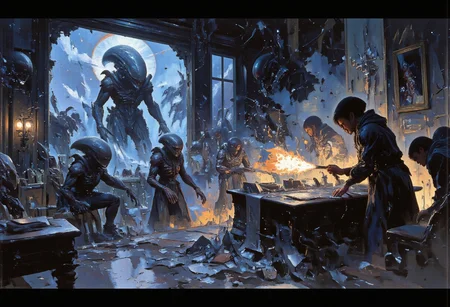 An apocalyptic scene unfolds in the Oval Office, now a chaotic mad science lab overrun by Xenomorphs. The iconic room lies in ruin, with shattered windows and walls covered in frenzied equations and diagrams. The Resolute Desk serves as a makeshift workstation, cluttered with alien technology and notes. The cracked Presidential Seal on the floor reveals cables snaking toward monstrous incubation chambers lining the walls. A frantic scientist, wielding a flamethrower, battles in vain against advancing Xenomorphs of all sizes, from the imposing Queen to agile Warriors, their bioluminescent features cutting through the dim room.
The Presidential Lounge is wrecked, strewn with overturned furniture and alien secretions, while Facehuggers skulk in the shadows. The charred remains of the Presidential Seal's frame stand as a haunting reminder of the fierce struggle. Walls are etched with claw marks, and the sagging ceiling threatens collapse under the weight of the alien horde. Amidst the destruction, a single flickering bulb casts erratic shadows, mingling with glowing embers scattered across the room. The air is thick with the hissing of aliens and the desperate cries of trapped scientists. Once a symbol of power, this space has become a nightmarish battleground against the most fearsome creature of the "Alien" franchise.