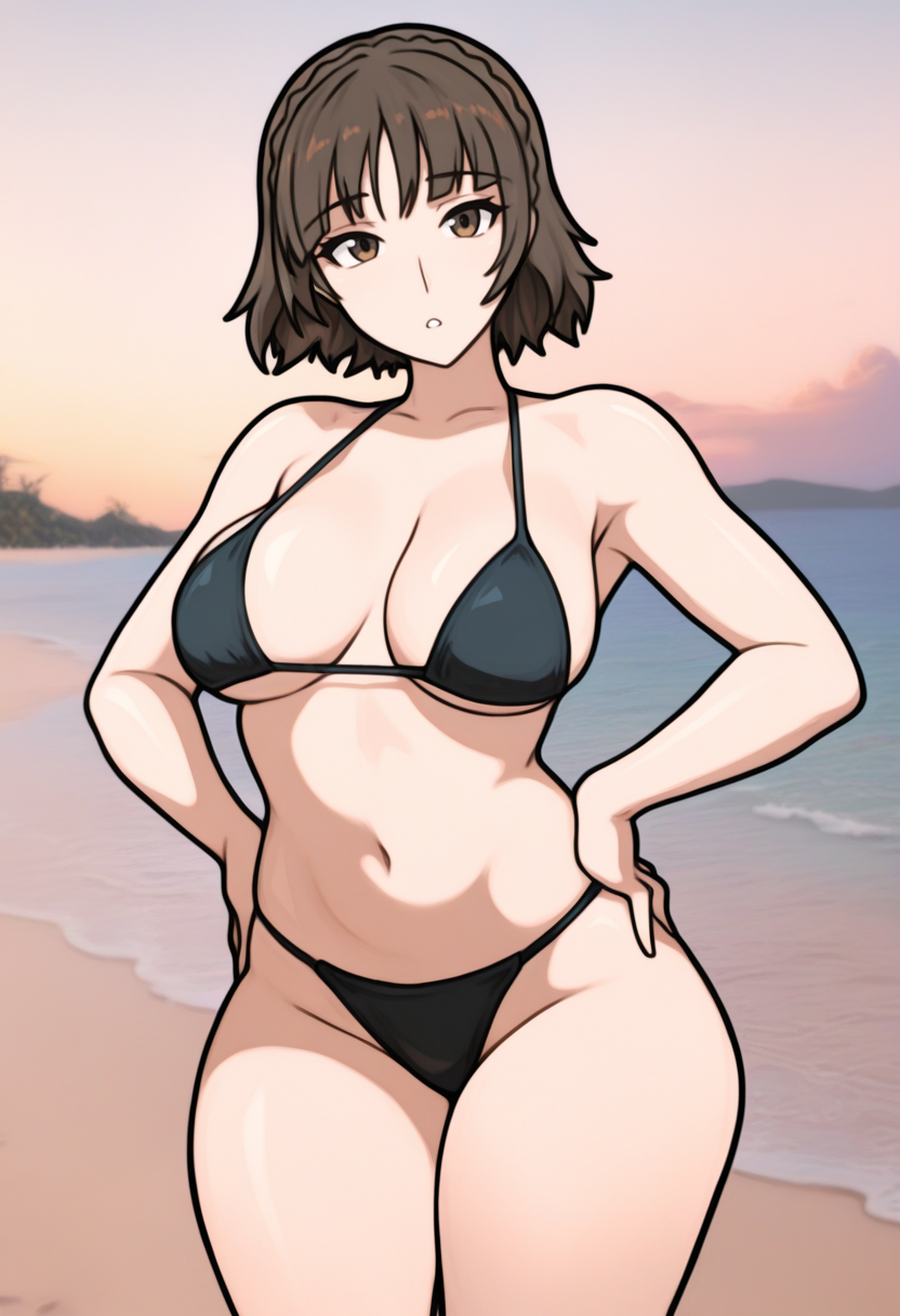 masterpiece, best quality,  bikini, beach, standing, brown hair, black bikini, crown braid, brown eyes, facing viewer,  solo, hands on own hips,   <lora:Biggy Deez style2-000048:1>