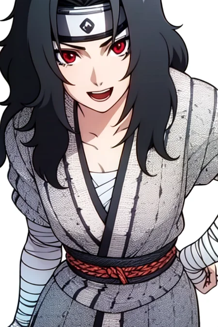 solo, black hair, 1girl, long hair, forehead protector, red eyes, white background, hand on hip, bandages, simple background, open mouth, looking at viewer, fishnets, headband, smile, japanese clothes, collarbone