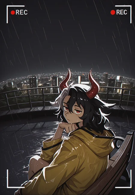(svhs, chromatic aberration, film grain), portrait, close-up, viewfinder, faux retro artstyle,
vignetting, fisheye,
night, sitting on park bench, upturned eyes, turning around, ushizaki urumi, elbow rest, [jitome, bored], wet, raincoat, dark background, rain, [cityscape], bloom,
detailed background, masterpiece