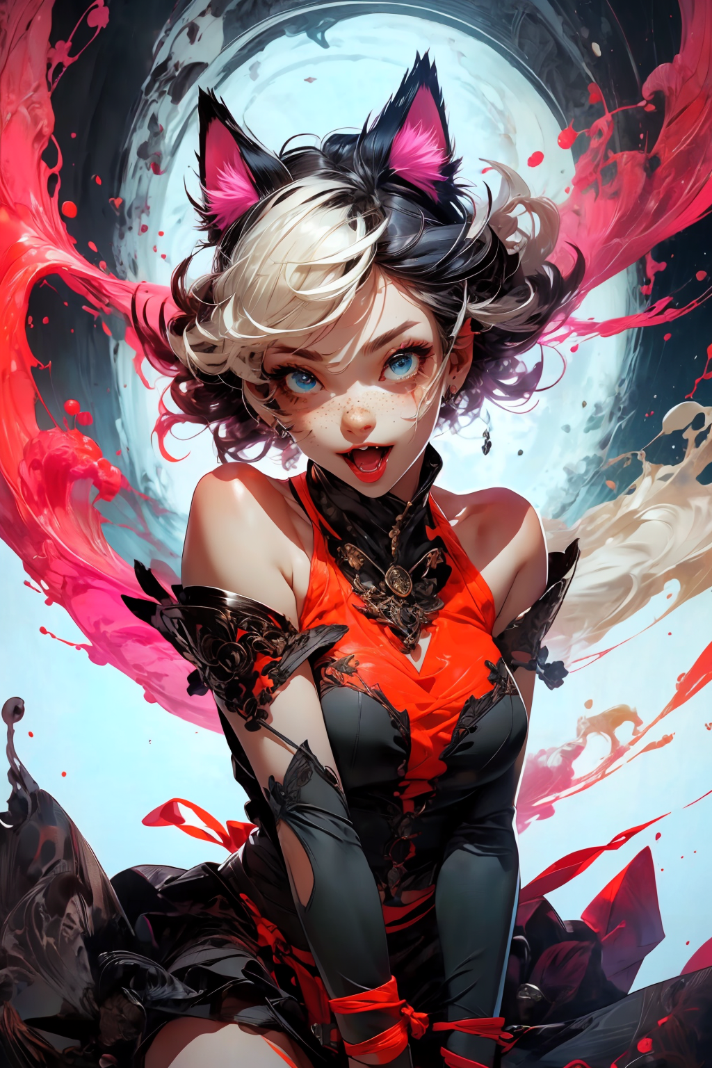 cat ears, (best quality, masterpiece1.2), (detailed eye:1.2), intricate detail, depth of field, cat ear, 1girl,upper body,  curly hair, fang, off shoulder, heterochromia,  freckles, blush, skirt, large breasts, kneehighs, open mouth, fangs, all fours, from above, cat tail, pov, pov hands, catnip
<lora:more_details:0.4>
 <lora:Cosmic anime-oil fusion v2:0.45> 
<lora:AnimeVibesV3:0.3> animevibes, 
<lora:3DMM_V11:0.5> 3DMM 
<lora:midjourney_20230624181825:0.65> midjourney ,
 <lora:LAS:0.45> cloud,colorful,
<lora:msw_locon-t2:0.5>
 <lora:wuxia2:0.45> gu, shiny, shiny hair, shiny skin, shiny clothes