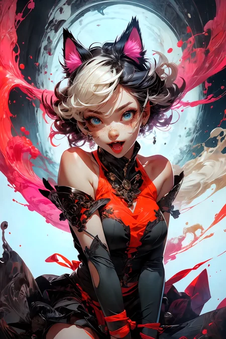 cat ears, (best quality, masterpiece1.2), (detailed eye:1.2), intricate detail, depth of field, cat ear, 1girl,upper body,  curly hair, fang, off shoulder, heterochromia,  freckles, blush, skirt, large breasts, kneehighs, open mouth, fangs, all fours, from above, cat tail, pov, pov hands, catnip
<lora:more_details:0.4>
 <lora:Cosmic anime-oil fusion v2:0.45> 
<lora:AnimeVibesV3:0.3> animevibes, 
<lora:3DMM_V11:0.5> 3DMM 
<lora:midjourney_20230624181825:0.65> midjourney ,
 <lora:LAS:0.45> cloud,colorful,
<lora:msw_locon-t2:0.5>
 <lora:wuxia2:0.45> gu, shiny, shiny hair, shiny skin, shiny clothes