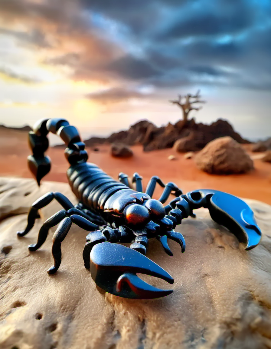 (Realistic:1.5) EdobScorpion, blurry, edobscorpion, dog, one eye closed, bone, very long hair, sky, tree, molten rock, 1980s (style), robot,  <lora:EdobScorpionArtistic_XL_v1.0:0.8>