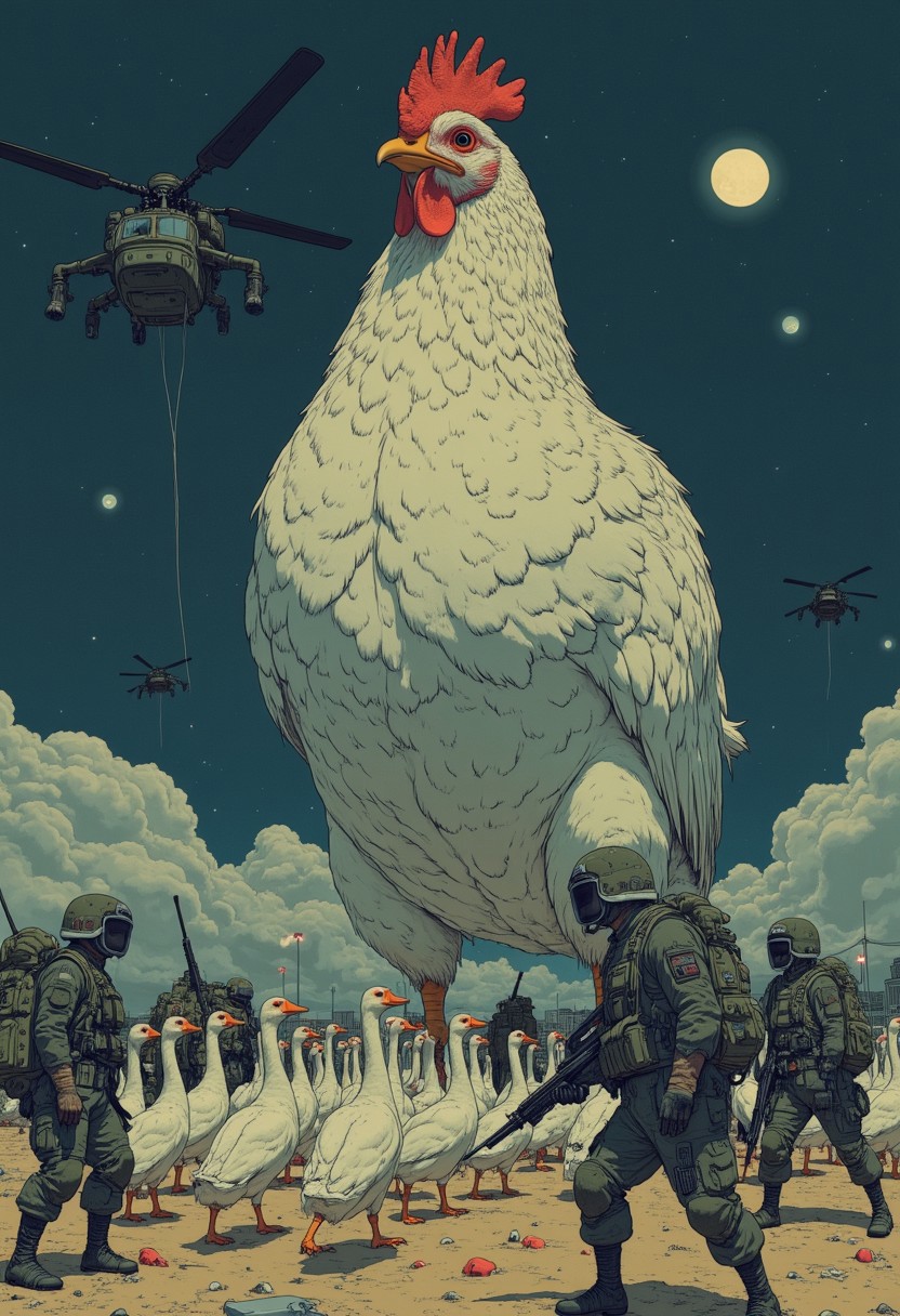 In a surreal nocturnal setting, a colossal hen towers over a group of heavily armed soldiers, its presence both majestic and ominous. The hen, illuminated by the glow of the full moon, has just laid a massive egg on the barren battlefield. a group of white geese walking in a single file. Soldiers cautiously surround the scene, weapons drawn, as a helicopter hovers overhead, its searchlights piercing through the smoky, chaotic background. This artwork juxtaposes the mundane and the extraordinary, symbolizing nature's dominance amidst human conflict.