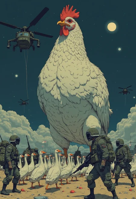 In a surreal nocturnal setting, a colossal hen towers over a group of heavily armed soldiers, its presence both majestic and ominous. The hen, illuminated by the glow of the full moon, has just laid a massive egg on the barren battlefield. a group of white geese walking in a single file. Soldiers cautiously surround the scene, weapons drawn, as a helicopter hovers overhead, its searchlights piercing through the smoky, chaotic background. This artwork juxtaposes the mundane and the extraordinary, symbolizing nature's dominance amidst human conflict.
