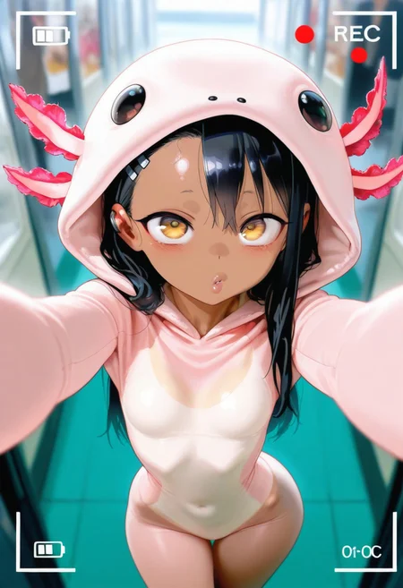 masterpiece, best quality, very aesthetic, absurdres, Detailed face, 8k, Ultra_HD, (detailed background:1.1), 1=2, face closeup, from above, zoom on face, rec, recording frame, photograph,
solo, 1girl, Hayase Nagatoro, petite, beautiful, perfect eyes, (golden eyes:1.1), dark skin, black hair, long hair, tanned skin, tanline, hourglass figure, animal costume, axolotl onesie, skindentation, skinny body, small breasts, short girl, random expression, wide eyes, in front of viewer, face close to the lens, pov, posing, original pose, complex pose, wide hips, narrow waist, looking at viewer, puffy lips, detailed background, blurry background, comiket, crowded place,