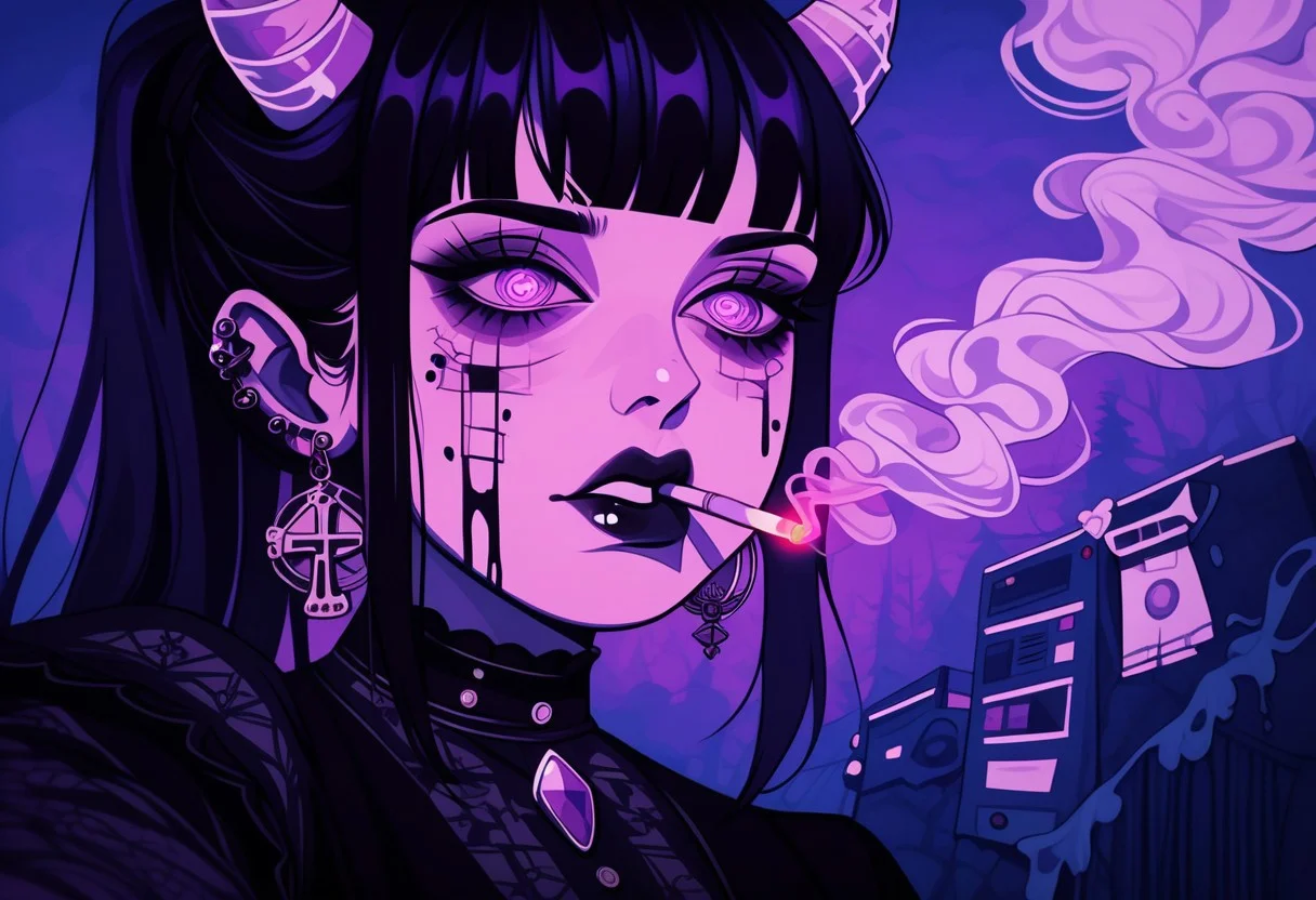 score_9, score_8_up, score_7_up, score_6_up,1girl
hinata hyuga, black hair, long hair, fringe cut, ponytail hairstyle, purple eyes, soni horn, link horns,
pastel paint, vamp style, taking a selfie, detailed, near to the sea, up a bridge, goth clothes, goth dress, cross earrings, fangs, jewel eyes,cold tones,
goth core, vamp goth, goth style, black dress, lollita dress, smoking a cigarette, cigarette in mouth, melting, vapor, smoke, glitch, horror (theme), glowing, zPDXL2, smoke from eyes, red smoke, horror in the smoke, evil faces, horror,
standing, detailed eyes, beautyfull face,
outdoor,