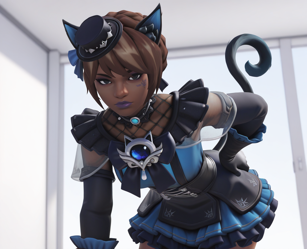 (masterpiece), (best quality), absurdres, intricate details, highres, 3d, <lora:Illari_BLACK_CAT_ILLUS-000009:1> , ill1, shoulder pads, 1girl, solo, black eyes, bangs, short hair, brown hair, gloves, mini top hat, dress, tail, braid, elbow gloves, cat ears, purple lips, frills, frilled dress, translucent clothing, hair bow, bow, skirt, choker, dark-skinned female, crown braid, corset, frilled gloves, bangs, cape, facial mark, looking at viewer, half-closed eyes, expressionless, hand on hip, leaning forward, fishnet top