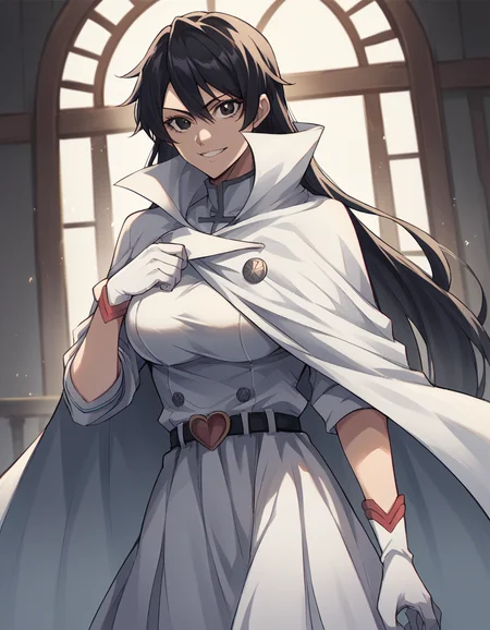 score_9, score_8_up, score_7_up, source_anime, <lora:bambietta-basterbine-ponyxl-lora-nochekaiser:1>, bambietta basterbine, long hair, black hair, black eyes, large breasts,, skirt, gloves, belt, cape, cloak, white cloak,, indoors, smile, looking at viewer, solo,, cowboy shot, dutch angle