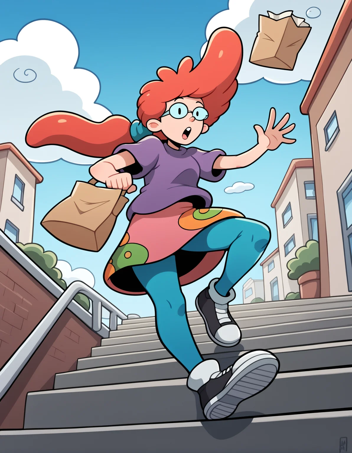 score_9, score_8_up, score_7_up, score_6_up, score_5_up, score_4_up, source_cartoon, rating_safe, flat color, BREAK <lora:pepperAnnXL_LoRA-C3Lier_AdamW_Dim8_Alpha8_UN-3e-4_TE-1.5e-4_6batch_ponyDiffusionV6XL_v6StartWithThisOne:1>, pepper ann, 1girl, solo, red hair, long hair, ponytail, glasses, dot eyes, purple shirt, print skirt, blue pantyhose, shoes, surprised, holding bag, paper bag, running, stairs, city, from below, gradient sky, cloud