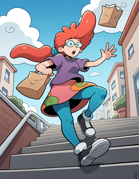 score_9, score_8_up, score_7_up, score_6_up, score_5_up, score_4_up, source_cartoon, rating_safe, flat color, BREAK <lora:pepperAnnXL_LoRA-C3Lier_AdamW_Dim8_Alpha8_UN-3e-4_TE-1.5e-4_6batch_ponyDiffusionV6XL_v6StartWithThisOne:1>, pepper ann, 1girl, solo, red hair, long hair, ponytail, glasses, dot eyes, purple shirt, print skirt, blue pantyhose, shoes, surprised, holding bag, paper bag, running, stairs, city, from below, gradient sky, cloud
