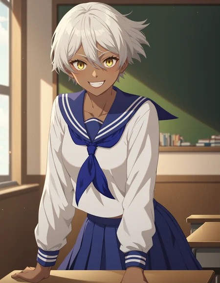 score_9,score_8_up,score_7_up,cinematic angle,cinematic lighting,classroom,sitting on desk,looking at viewer,seductive_smile,teeth,cowboy shot,sailor,sailor skirt,sailor collar,(wind),<lora:namu_pony:0.6>,namu snowbreak,1girl,solo,dark-skinned female,dark skin,white hair,yellow eyes,short hair,hair between eyes,<lora:Anime_Screencap:1>,anime screencap,