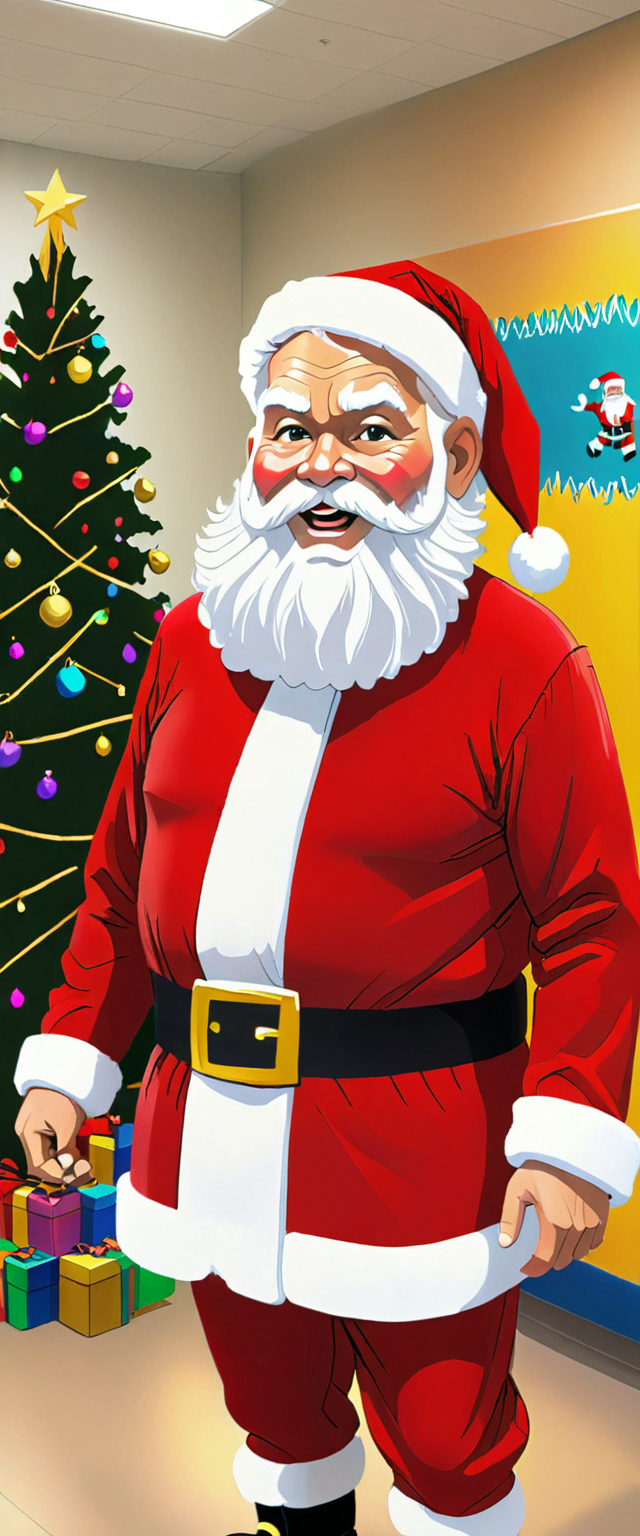 Santa Clause at the EVERLY HEIGHTS COMMUNITY CENTER, vibrant and colorful  <lora:Everly Heights TaleSpinner:1>