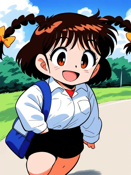 score_9, score_8_up, score_7_up, source_anime, rating_explicit, BREAK <lora:Shinba_Kurumi_XL:1>Shinba_Kurumi, brown hair, brown eyes, twin braids, hair bow, short hair, short stack, 
1girl, solo, smile, shorts, shirt, bow, collared shirt, long sleeves, closed mouth,  bangs,  standing, bag, open mouth,
sky, day,
