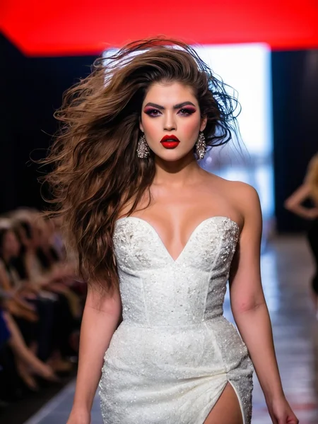 Cinematic fashion photograph Amina_Massoud_P_MXAI_SDXL , red lips, dramatic makeup, windblown hair, walking down a fashion runway, wearing sexy haute couture, walking towards the camera, bokeh,