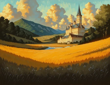 very awa, masterpiece, best quality, highres, absurdres, painting, no humans, scenery, summer, morning, meadow, river, garden, mansion, oil painting \(medium\), <lora:EXPERIMENTAL-FINAL-IL:1>