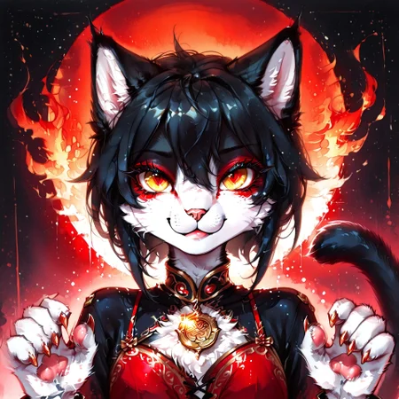 w4tercol0r, watercolor, painting, portrait, traditional media BREAK 1girl, Ember (ESO), anthro, feline, chibi, black and white fur, cat tail, black hair, yellow eyes, red eye shadow, slim, (sly expresion, cute face:1.3), :3, pink animal nose, red asian evening dress, medallion of fire, gold jewelry, bow on the tail BREAK paws, long fire claws, exaggerated features, dramatic eyelashes, shiny lips, upper body, face focus, icon BREAK sharp focus, perfect lighting, extremely detailed, tranquil setting, high detail, abstract fire background, detailed background