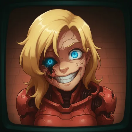 Ellie Buckingham, ((Bright Blond hair)), Blond Hair, Blond Bright blue eyes. Western Style Artwork. Bold Lines,
high detail, high res, detailed eyes
masterpiece, good quality, best quality, robot girl, missing eye, crazy, creepy, horror, grin, 1girl, broken, R3troCRTGr33n, monochrome,security footage,red theme, framed, from above, from angle, hanging jaw, headtilt, damaged robot, missing arm