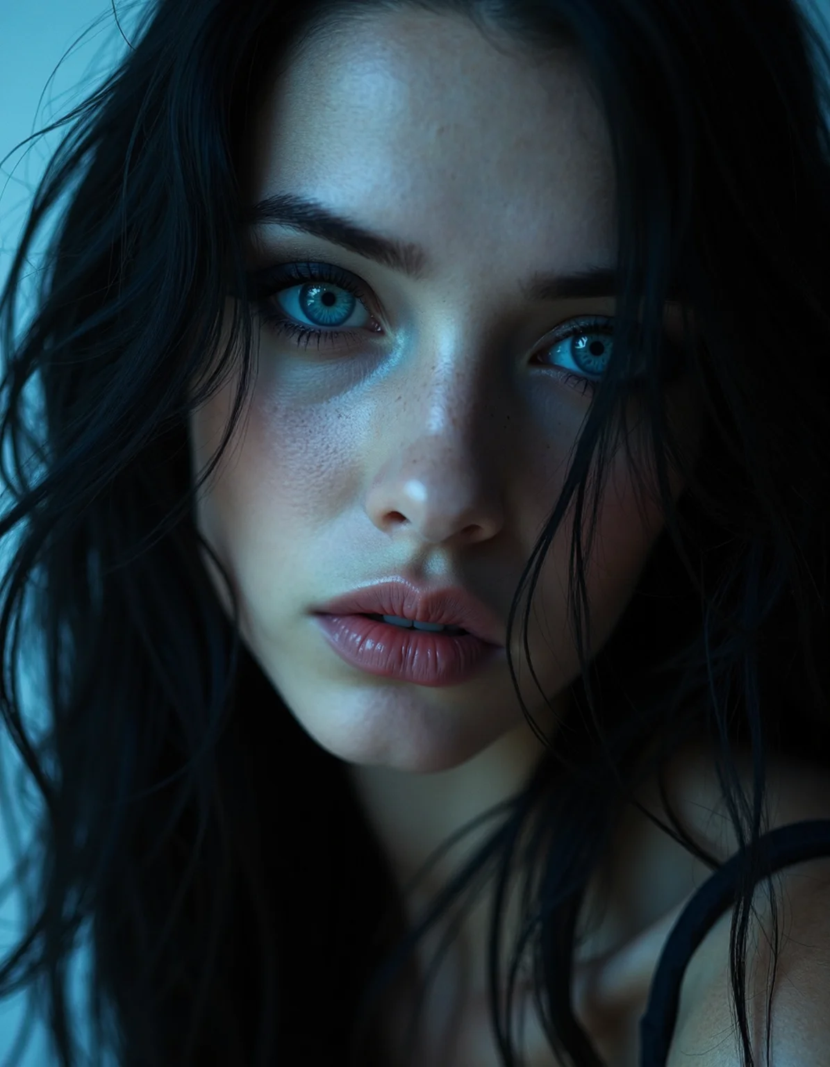 expressionist (dark mood masterpiece Photography:1.2), portrait of a mysterious woman with blue eyes and bold eyeliner looking seductively, smirking, naughty expression, long wavy black hair. The extreme realism focuses on her detailed skin, showing fine textures and natural highlights. photography masterpiece, modern, irresistible beauty, fuzzy lighting, dark mood, unusual composition, use of negative space, (rule of thirds composition), simmetry , mysteriouse, emotional, flirting, (fine erotic content:0.65), groundbreaking unrivaled opus with unrivaled details, (Nickel Gray color scheme), highly detailed, melancholic, low-light hyper detailed photography, catchlights, from below, side-profile,long shot,style by john buscema,canon 5d mark 4,Dreamy Haze Photography,enveloping fog lights . raw, emotional, dynamic, distortion for emotional effect, vibrant, use of unusual colors, detailed