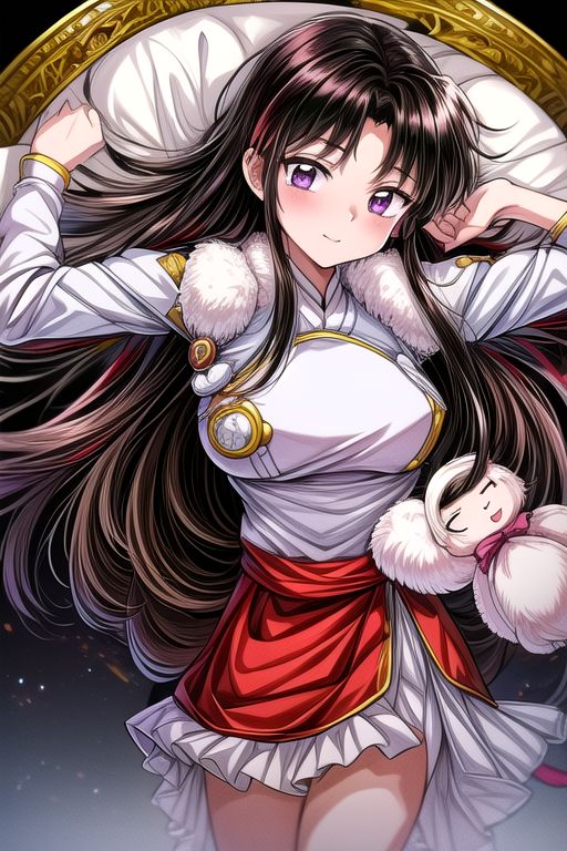 best quality 1girl Setsun4 solo long hair,  (night time) forest background black hair very long hair purple eyes multicolored hair armor (fur trim) (medium body),<lora:EMS-179-EMS:0.800000>,<lora:EMS-293862-EMS:0.800000> bow, hair_bow, hair_tubes, red_bow, brown_hair, long_hair, bangs, ascot, frilled_bow, yellow_ascot, blush, smile, hair_between_eyes, athletic, armor, miko, ,(((intricate outfit,intricate clothes,embroidered outfit,ornate outfit,embroidered clothes,ornate clothes))), laying down, lying down