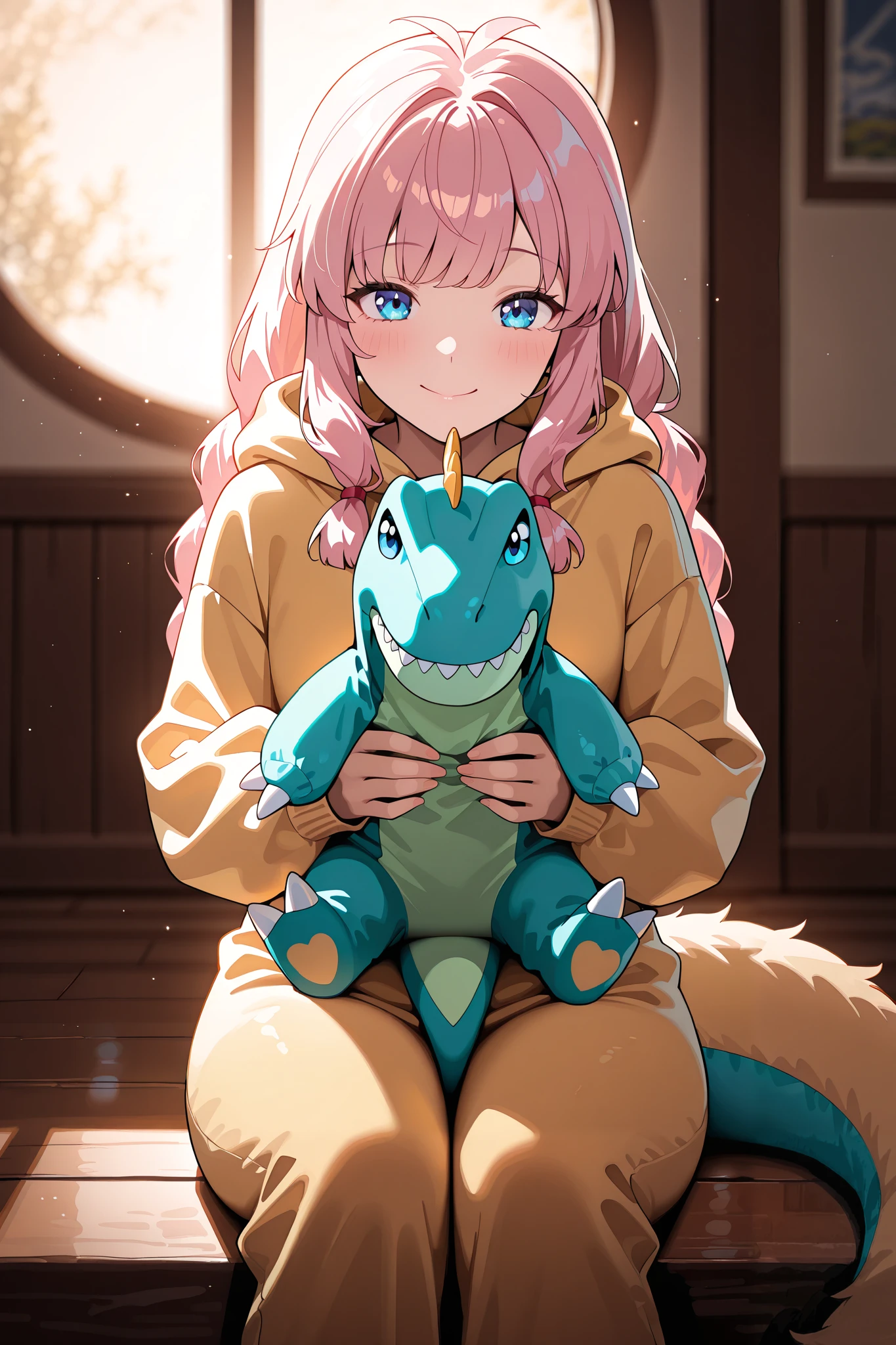 Masterpiece, best quality, ultra-detailed, absurdres, newest, cinematic, warm atmosphere,  
1girl, solo, kaguracloud, long pink hair, bangs, twin braids, sidelocks, blue eyes, dinosaur onesie, cute kigurumi outfit, fluffy tail, sitting on floor, playing with plush toy, bright smile, cheerful expression, sunlight streaming through window, soft warm glow, cozy morning, wooden floor, slightly tousled hair, cinematic depth of field, painterly aesthetic, ultra sharp details  
