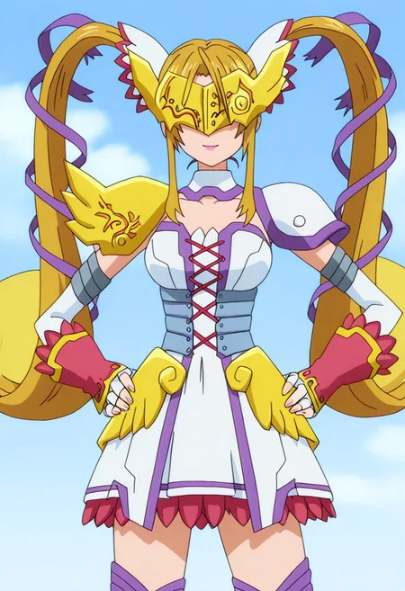 official art, detailed anime, ultra detailed anime art, anime screencap, screencap, score_9, score_8_up, score_7_up, score_6_up, masterpiece, anime coloring, source_anime, 1girl, solo, large breasts, magical girl, blonde hair, pink lips, twintails, digimon \(creature\), gloves, very long hair, armored dress, white dress, fingerless gloves, covered eyes, thighhighs, mask, armoded high thigh boots, shoulder armor, white gloves, elbow gloves, winged mask, mask, cleavage, asymetrical pauldrons, shoulder pads, armored mini skirt, detached collar, white thighhighs, hair ribbon, winged greaves, hair ornament, zettai ryouiki, detached sleeves
BREAK
cowboy shot, standing, hands on hips, generic green meadow, perfect weather, clouds on sky,
