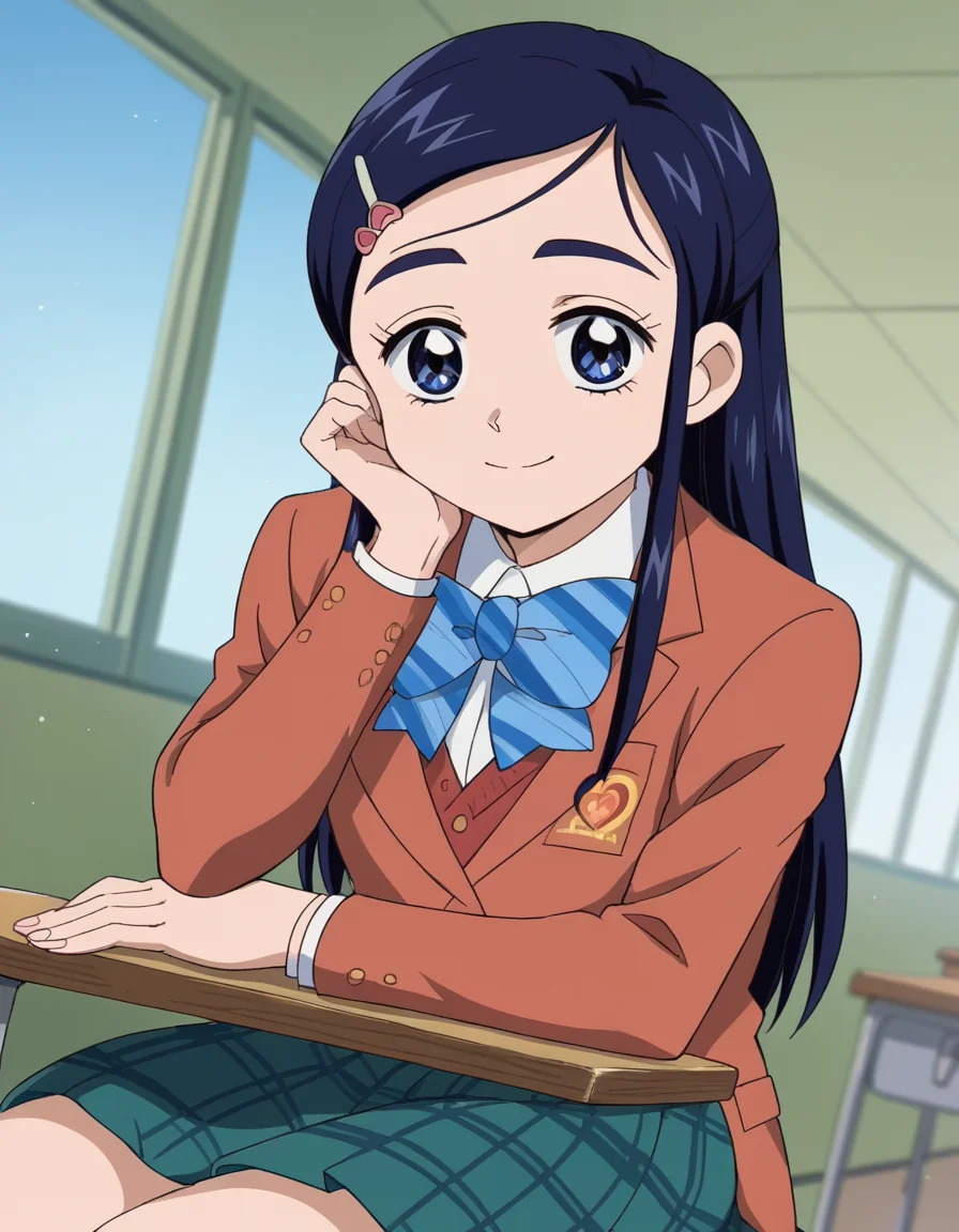 score_9, score_8_up, score_7_up, source_anime, <lora:honoka-yukishiro-anime-ponyxl-lora-nochekaiser:1>, honoka yukishiro, long hair, blue eyes, hair ornament, blue hair, hairclip,, skirt, bow, school uniform, jacket, bowtie, blue bow, blazer, brown jacket, plaid, plaid skirt, green skirt, red blazer,, indoors, smile, looking at viewer, solo, sitting, head rest,, cowboy shot, dutch angle