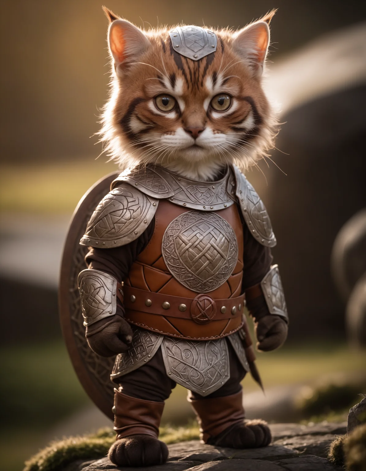 cinematic film still awardwinning photo cute cat, rust, epic, viking knotwork, wearing armor and shield, full body . shallow depth of field, vignette, highly detailed, high budget, bokeh . shallow depth of field, vignette, highly detailed, high budget, bokeh, cinemascope, moody, epic, gorgeous, film grain, grainy, undefined