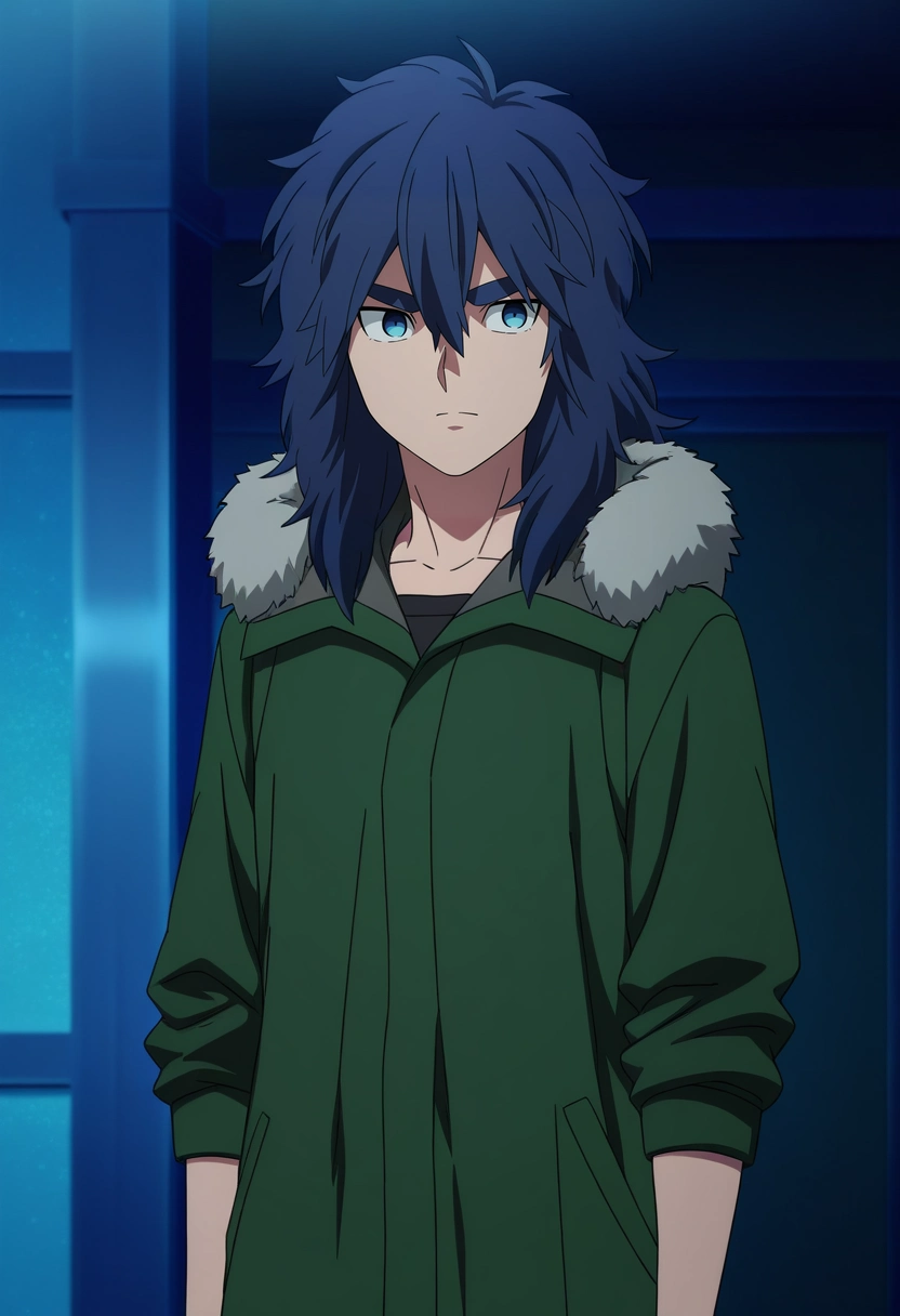 masterpiece, best quality, anime screencap, official style, anime coloring, cowboy shot, 1boy, solo, male focus, <lora:yui_kemono_jihen_ilxl:0.94>, yui_kemono_jihen, blue hair, blue eyes, long hair, hair between eyes, bangs, thick eyebrows, green coat, fur trim,